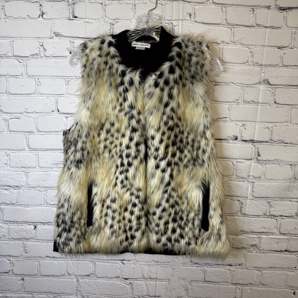 Rebecca Malone Faux Fur Vest Women’s Medium Black White Spotted Plush Sleeveless